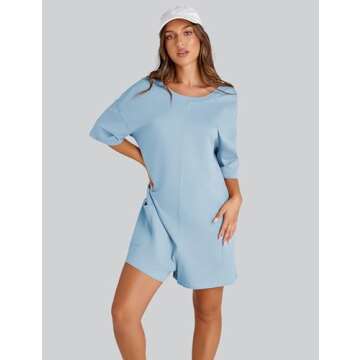 UANEO Rompers for Women Casual Oversized Athletic Jumpsuits Overalls Workout Hot Shot Tee Romper(LightBlue-S)