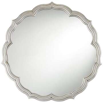 Noble Park Turin Round Scalloped Edges Vanity Decorative Wall Mirror Vintage Rustic Lush Silver Stacked Wood Finish Frame 34 1/2" Wide for Bathroom Bedroom Living Room Home House Office Entryway
