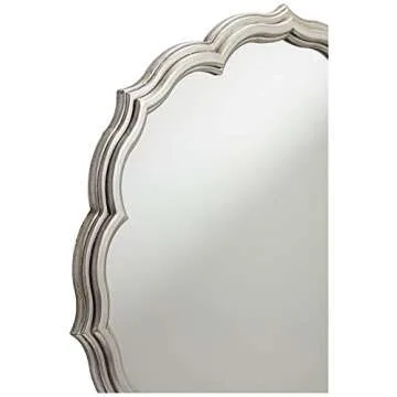 Noble Park Turin Round Scalloped Edges Vanity Decorative Wall Mirror Vintage Rustic Lush Silver Stacked Wood Finish Frame 34 1/2" Wide for Bathroom Bedroom Living Room Home House Office Entryway