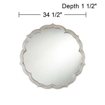 Noble Park Turin Round Scalloped Edges Vanity Decorative Wall Mirror Vintage Rustic Lush Silver Stacked Wood Finish Frame 34 1/2" Wide for Bathroom Bedroom Living Room Home House Office Entryway