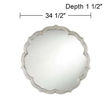 Noble Park Turin Round Scalloped Edges Vanity Decorative Wall Mirror Vintage Rustic Lush Silver Stacked Wood Finish Frame 34 1/2" Wide for Bathroom Bedroom Living Room Home House Office Entryway