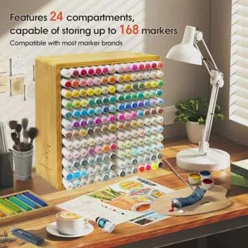 TIKSPCAE Marker Organizer for 168 Markers,Bamboo Wooden Desk Storage Organizer Rack,Markers Pens Pen...