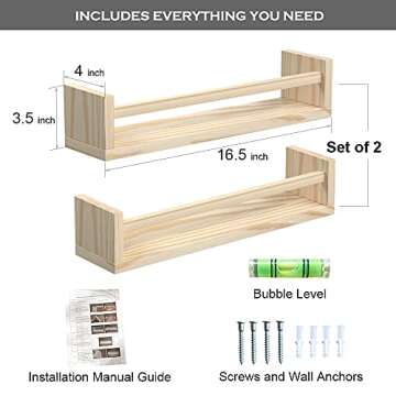 Classic Nursery Shelves, Set of 2 Natural Wood Floating Book Shelves for Kids Room, Wall Shelves for...