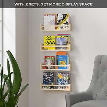 Classic Nursery Shelves, Set of 2 Natural Wood Floating Book Shelves for Kids Room, Wall Shelves for Bathroom Decor, Kitchen Spice Rack, Book Shelf Organizer for Baby Nursery Décor (16.5Lx4W)