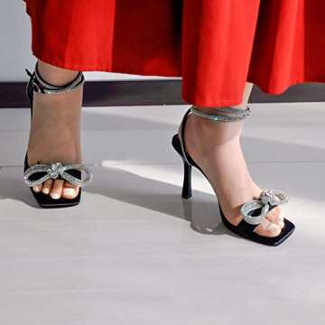 Black Rhinestone Strappy Heel for Women Square Open Toe Heel Bow knot Stiletto High Heel Sandals Ankle Strap Open Toe Studded Heels Wedding Size 7