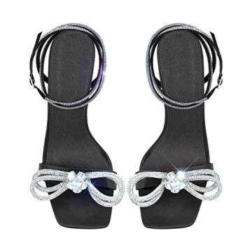 Black Rhinestone Strappy Heel for Women Square Open Toe Heel Bow knot Stiletto High Heel Sandals Ankle Strap Open Toe Studded Heels Wedding Size 7