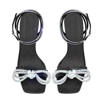Black Rhinestone Strappy Heel for Women Square Open Toe Heel Bow knot Stiletto High Heel Sandals Ankle Strap Open Toe Studded Heels Wedding Size 7