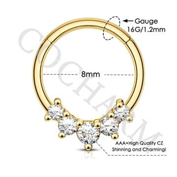 COCHARM Septum Ring Gold 16g Heart Septum Piercing Jewelry for Women Clear CZ Daith Earrings 8mm Stainless Steel Daith Jewelry