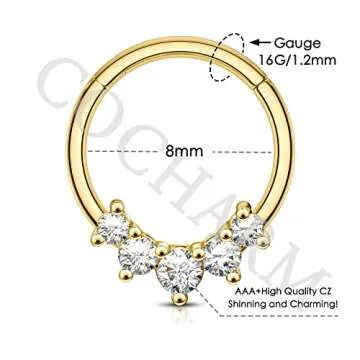 COCHARM Septum Ring Gold 16g Heart Septum Piercing Jewelry for Women Clear CZ Daith Earrings 8mm Stainless Steel Daith Jewelry