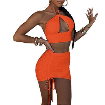 SHESEEWORLD Women's Sexy Hollow Out 2 Piece Outfits Halter Neck Sleeveless Crop Top and Drawstring Ruched Bodycon Skirt Sets