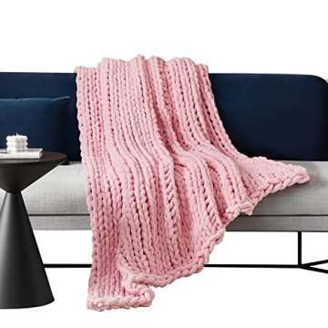 Bedfolks Chunky Knit Throw Blanket - Pink Jumbo Chenille Yarn, 100% Hand-Knit Cozy Blanket for Bed, ...