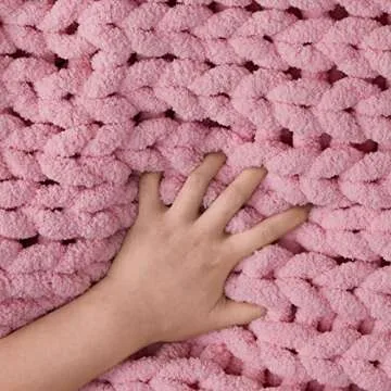 Bedfolks Chunky Knit Throw Blanket - Pink Jumbo Chenille Yarn, 100% Hand-Knit Cozy Blanket for Bed, Couch & Sofa, 50" x 60", Knitted Throw for Christmas Home Décor