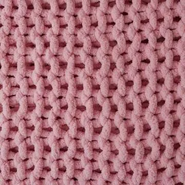 Bedfolks Chunky Knit Throw Blanket - Pink Jumbo Chenille Yarn, 100% Hand-Knit Cozy Blanket for Bed, Couch & Sofa, 50" x 60", Knitted Throw for Christmas Home Décor