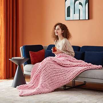 Bedfolks Chunky Knit Throw Blanket - Pink Jumbo Chenille Yarn, 100% Hand-Knit Cozy Blanket for Bed, Couch & Sofa, 50" x 60", Knitted Throw for Christmas Home Décor