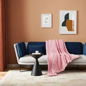 Bedfolks Chunky Knit Throw Blanket - Pink Jumbo Chenille Yarn, 100% Hand-Knit Cozy Blanket for Bed, Couch & Sofa, 50" x 60", Knitted Throw for Christmas Home Décor
