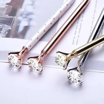 HBlife 5 PCS Big Crystal Diamond Ballpoint Pen Metal Ballpoint Pen Office Supplies，Gold Pens with 5 Ballpoint Pen Refills, 1 Black Velvet Bag, Black Ink