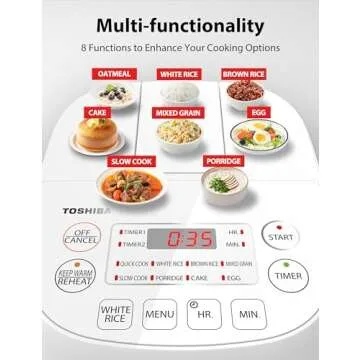 Toshiba Mini Rice Cooker, 3 Cups Uncooked Small Rice Cooker, Steamer & Warmer, With Fuzzy Logic And One-Touch Cooking, 24 Hour Delay Timer And Auto Keep Warm Feature, White