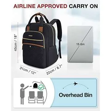 BAGSMART Women's Laptop Backpack, 15.6 Inch, Quilted Black, USB Charging Port, Ergonomic Design, Lar...