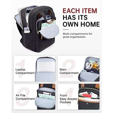 BAGSMART Women's Laptop Backpack, 15.6 Inch, Quilted Black, USB Charging Port, Ergonomic Design, Large Capacity