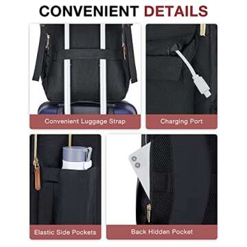 BAGSMART Women's Laptop Backpack, 15.6 Inch, Quilted Black, USB Charging Port, Ergonomic Design, Large Capacity