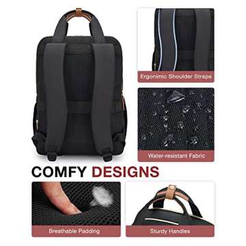 BAGSMART Women's Laptop Backpack, 15.6 Inch, Quilted Black, USB Charging Port, Ergonomic Design, Large Capacity