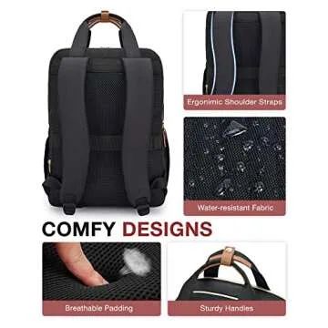 BAGSMART Women's Laptop Backpack, 15.6 Inch, Quilted Black, USB Charging Port, Ergonomic Design, Large Capacity