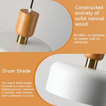 TeHenoo Modern Pendant Lighting,12 inch,Natural Wood and Brass Accent,Adjustable Cord Pendant Light Fixture for Kitchen, Dining Room, Matte White