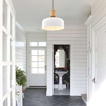 TeHenoo Modern Pendant Lighting,12 inch,Natural Wood and Brass Accent,Adjustable Cord Pendant Light Fixture for Kitchen, Dining Room, Matte White