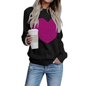 Shermie Women's Cute Heart Knitted Casual Sweater - Pullover, Medium Black
