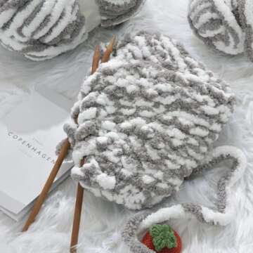 HOMBYS Bulky Fulffy Chunky Chenille Yarn for Hand Knitting,Soft Lightweight Large Thick Jumbo Yarn for Chunky Blanket,8 Pack,White & Grey(253.6 yds,64 oz)