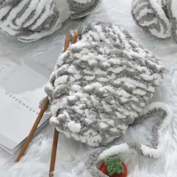 HOMBYS Bulky Fulffy Chunky Chenille Yarn for Hand Knitting,Soft Lightweight Large Thick Jumbo Yarn for Chunky Blanket,8 Pack,White & Grey(253.6 yds,64 oz)