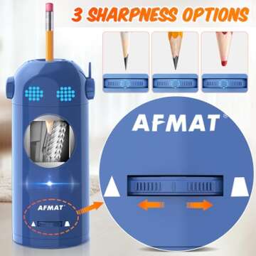 AFMAT Fully Automatic Electric Pencil Sharpener for Colored Pencils 7-11.5mm, Auto in & Out, Rechargeable Hands-Free Pencil Sharpener with Dotted Eyes, Robot Pencil Sharpener for Kids, Blue