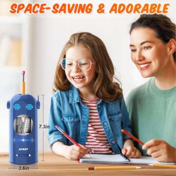 AFMAT Fully Automatic Electric Pencil Sharpener for Colored Pencils 7-11.5mm, Auto in & Out, Rechargeable Hands-Free Pencil Sharpener with Dotted Eyes, Robot Pencil Sharpener for Kids, Blue