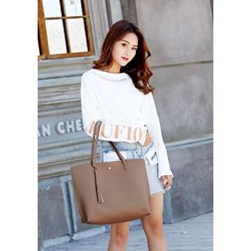 Dreubea Women's Soft Faux Leather Tote Shoulder Bag from, Big Capacity Tassel Handbag Dark Khaki