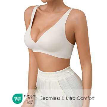 SHARICCA Pro Seamless Bra for Women Deep V Neck Wirefree Bra Adjustable Strap Comfort Sleep Bra Removable Padded Bralette(White,S)