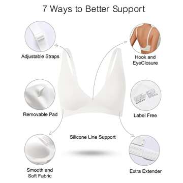 SHARICCA Pro Seamless Bra for Women Deep V Neck Wirefree Bra Adjustable Strap Comfort Sleep Bra Removable Padded Bralette(White,S)