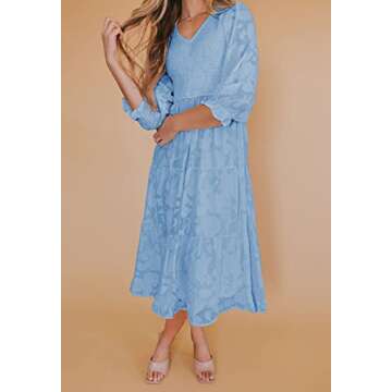 Sissyaki Women's Boho V Neck Smocked Bridesmaid Dress Semi Formal Wedding Guest Midi Dress Sky Blue M