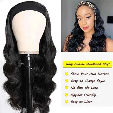 Headband Wigs for Black Women Human Hair 18 Inch Glueless Body Wave Headband Wig Human Hair 100% Bra...