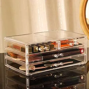 Cq acrylic 1 Pack Clear Acrylic Drawer Organizer Countertop,Stackable 4 Drawers Makeup Storage,Cute cube Make up Organizer for dresser Hair Clip,Beauty Product Desk and Bathroom Organizers and Storage