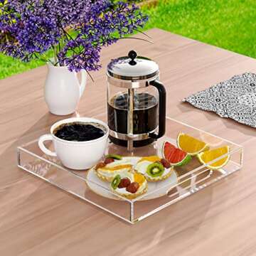 NIUBEE Acrylic Serving Tray 10x10 Inches -Spill Proof- Clear Decorative Tray Organiser for Ottoman C...