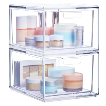 STORi Audrey Stackable Clear Bin Plastic Organizer Drawers | 2 Piece Set | Organize Cosmetics and Beauty Supplies on a Vanity | Made in USA