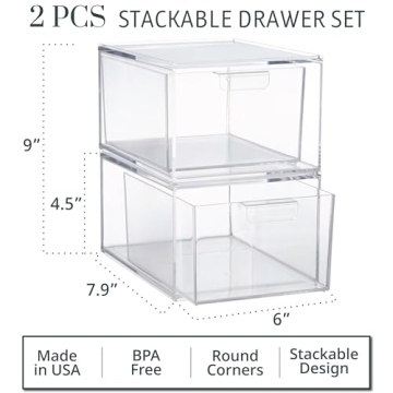STORi Audrey Stackable Clear Bin Plastic Organizer Drawers | 2 Piece Set | Organize Cosmetics and Beauty Supplies on a Vanity | Made in USA