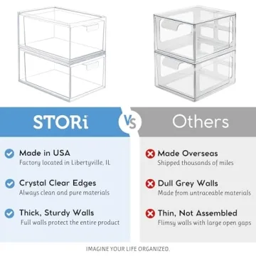 STORi Audrey Stackable Clear Bin Plastic Organizer Drawers | 2 Piece Set | Organize Cosmetics and Beauty Supplies on a Vanity | Made in USA
