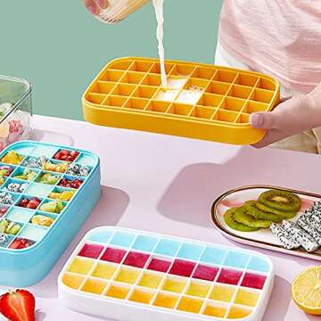 RTBM ice cube tray with lid ,BPA Free 32 grids small ice cube trays Easy to release，Stackable Durable silicone ice cube tray with Lid and ice storage box