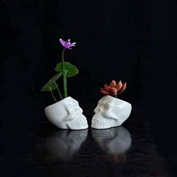 BinaryABC Halloween White Ceramic Skull Succulent Planter Pots,Skull Mini Flower Plant Pot,Halloween Home Office Desk Ornament Décor
