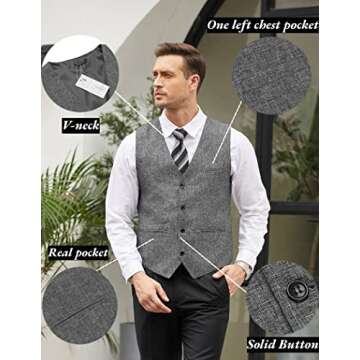 COOFANDY Men's Formal Waistcoat Regular Fit Business Dress Vest 4 Button Grey X-Large