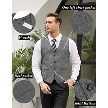 COOFANDY Men's Formal Waistcoat Regular Fit Business Dress Vest 4 Button Grey X-Large