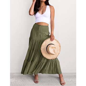 HAEOF Women's Summer Flowy Boho Maxi Skirt Trendy Drawstring Elastic High Waist Pleated Tiered A Lin...