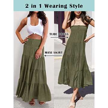 HAEOF Women's Summer Flowy Boho Maxi Skirt Trendy Drawstring Elastic High Waist Pleated Tiered A Line Beach Long Skirts
