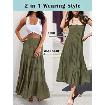 HAEOF Women's Summer Flowy Boho Maxi Skirt Trendy Drawstring Elastic High Waist Pleated Tiered A Line Beach Long Skirts